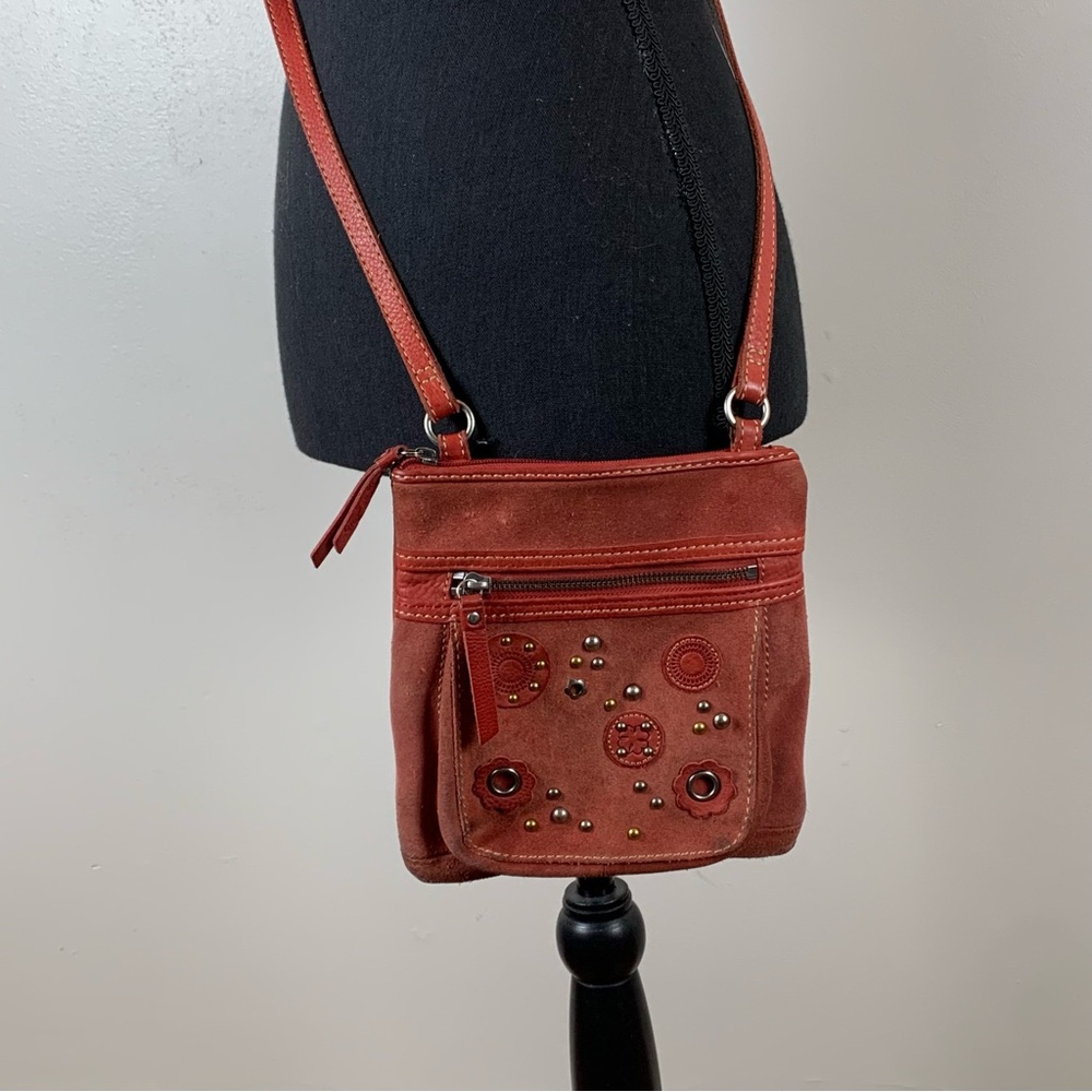 Fossil Purse Red Suede Leather Small Crossbody Bag‎ Embellished Medallions Studs